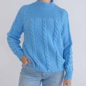 Vintage Handmade Blue Cable Knit  Fisherman Mock Neck Sweater Large